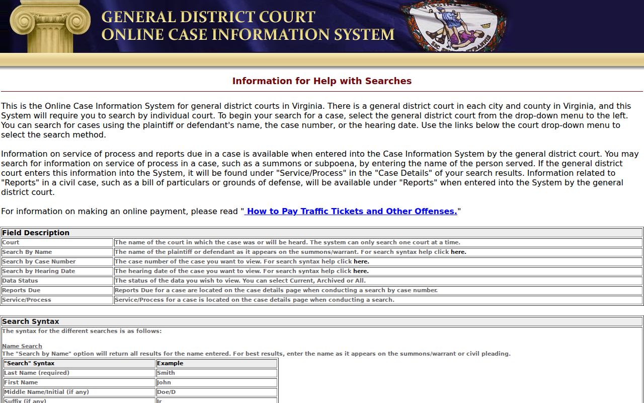 Rockbridge County warrant search reference: General District online search help