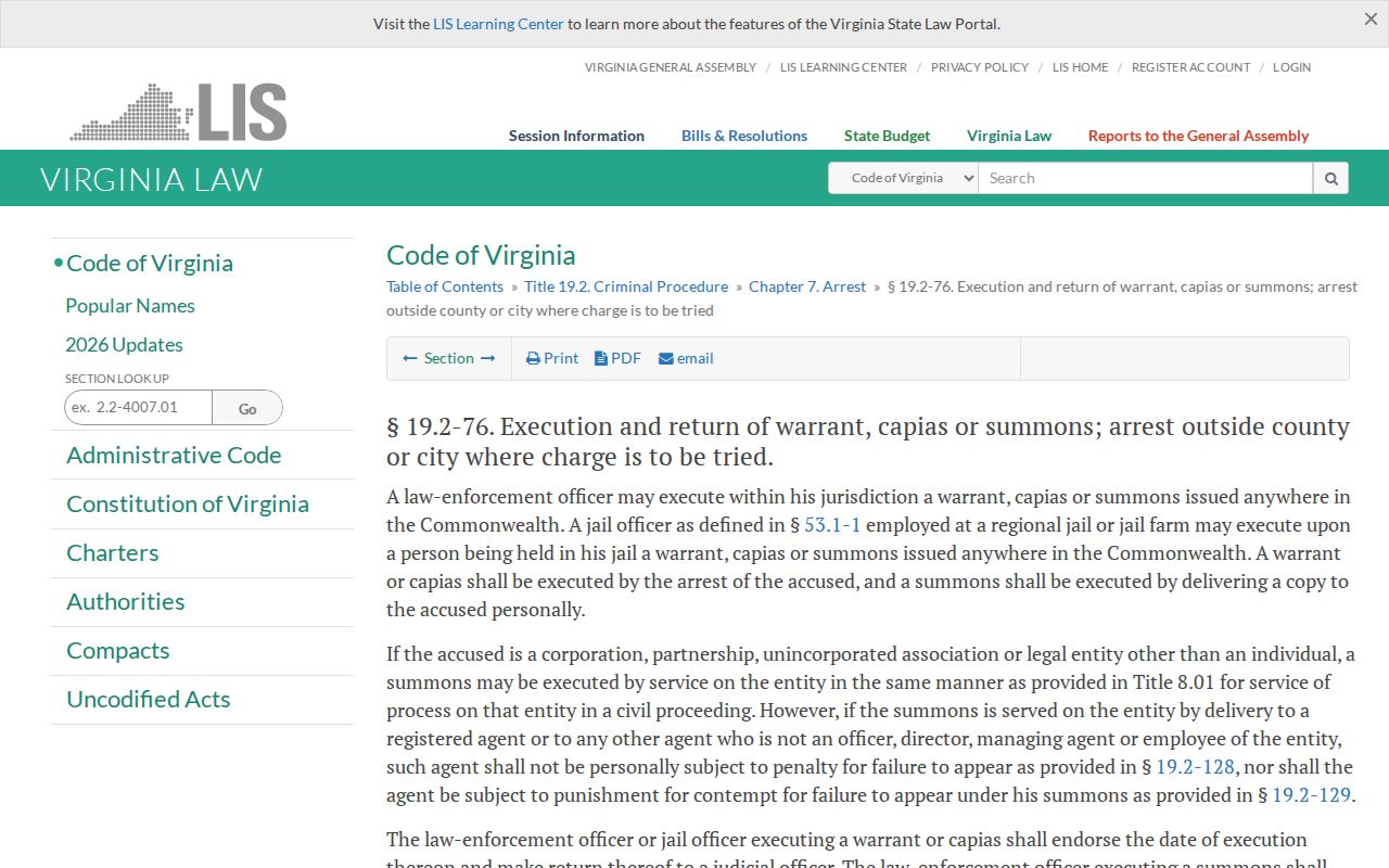 Rockbridge County bench warrant reference: Virginia process execution and return rule