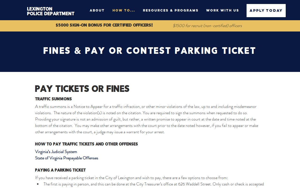 Rockbridge County traffic warrant reference: Lexington Police traffic and parking guidance