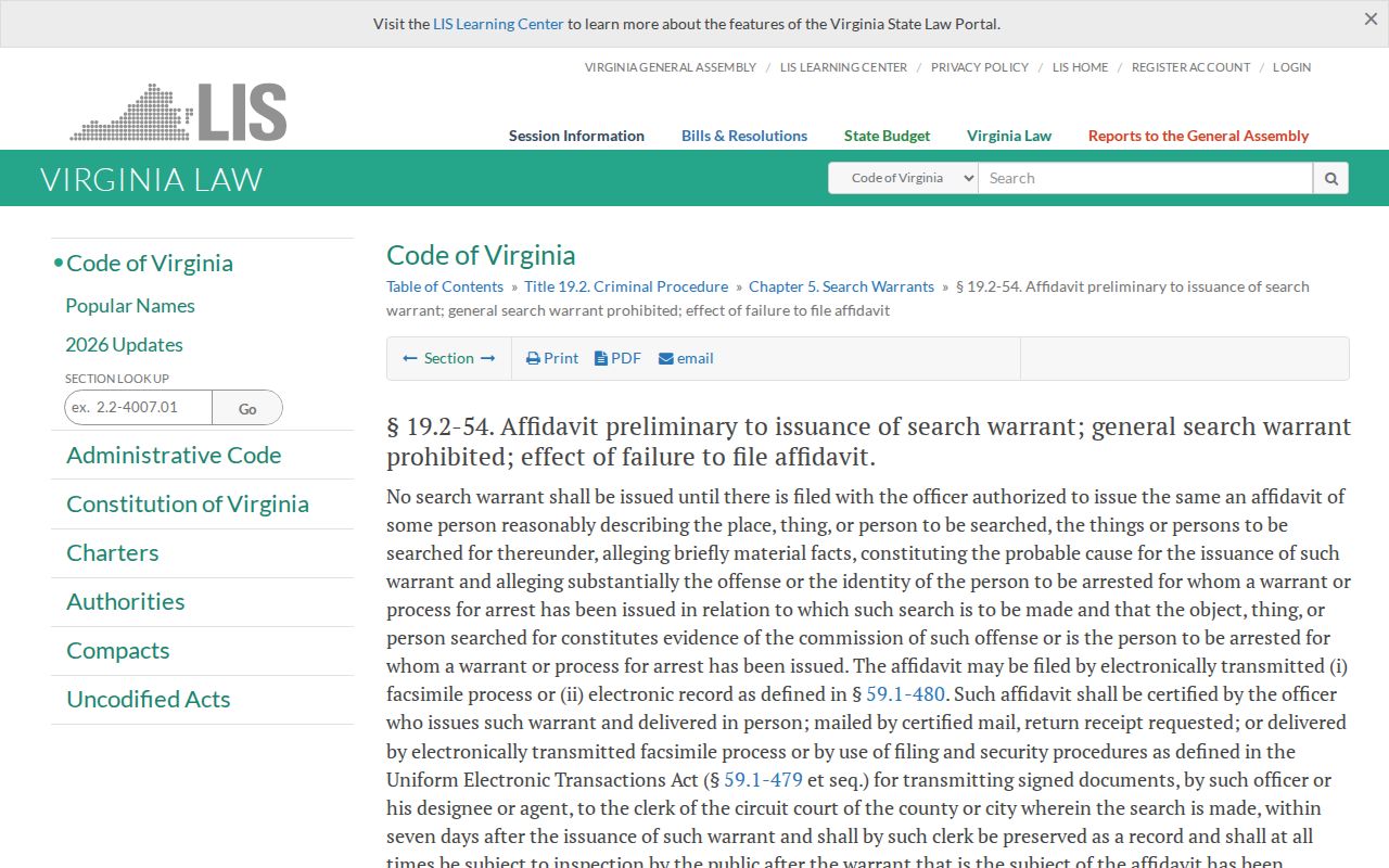 Rockbridge County warrant record access reference: Virginia Code search-warrant filing rule